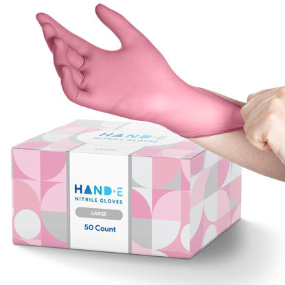 Picture of Hand-E Touch Pink Nitrile Disposable Gloves Large, 50 Count - Esthetician, Nail Tech, Microblading, Hair Dye & Stylist, Salon, Cleaning Gloves - Latex Free Gloves