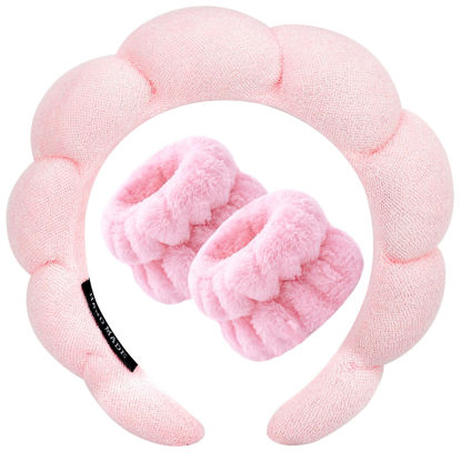 Picture of Zkptops Spa Headband for Washing Face Wristband Set Sponge Makeup Skincare Headband Wrist Towels Bubble Soft Get Ready Hairband for Women Girls Puffy Headwear Non Slip Thick Thin Hair Accessory(Pink)