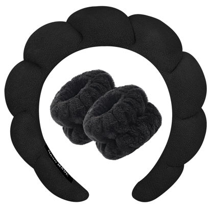 Picture of Zkptops Spa Headband for Washing Face Wristband Set Sponge Makeup Skincare Headband Wrist Towels Bubble Soft Get Ready Hairband for Women Girls Puffy Headwear Non Slip Thick Thin Hair Accessory(Black)