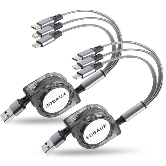 Picture of SDBAUX 2Pack Multi USB Charger Cable Retractable 3 in 1 Multiple Charging Cord Adapter with Mini Type C Micro USB Port Connectors Compatible with Cell Phones Tablets Universal Use (3.3ft/Gray)