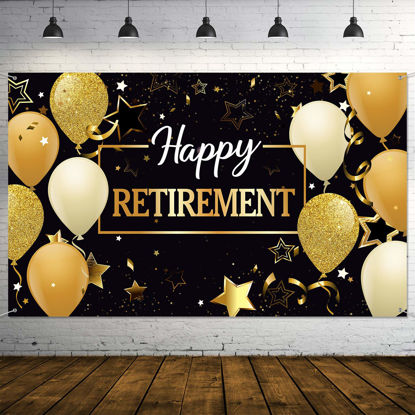 Picture of Happy Retirement Party Decorations, Extra Large Fabric Black and Gold Happy Retirement Sign Banner Photo Booth Backdrop Background with Rope for Retirement Party Favor, 70.8 x 43.3 Inch
