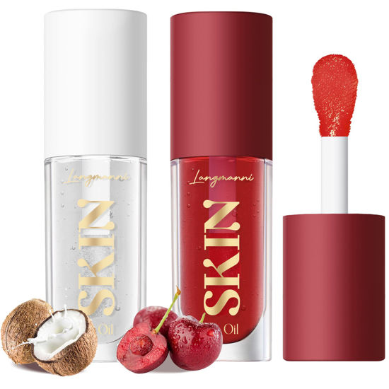 Picture of LANGMANNI Moisturizing Lip Oil,No-Sticky Lip Gloss Lip Balm Lip Care,Fruit Flavoured Lip Oil For Dry Lip's Moisturizing Hydrating And Nourishing ((Cherry+Coco))