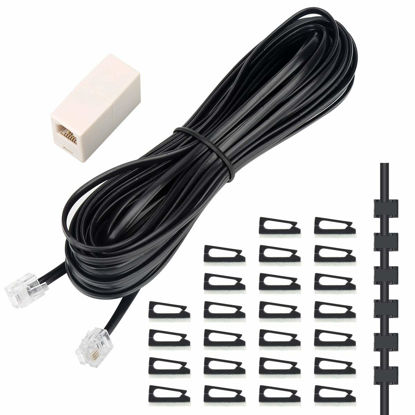 Picture of Uvital Phone Extension Cord 33 Ft, Telephone Cable with Standard RJ11 Plug and 1 in-Line Couplers and 20 Cable Clip Holders, Black