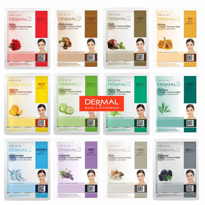 Picture of DERMAL 12 Combo Pack Collagen Essence Korean Face Mask Best Value Set - Hydrating & Soothing Facial Mask with Panthenol - Hypoallergenic Sheet Mask for All Skin Types - Natural Home Spa Treatment Mask