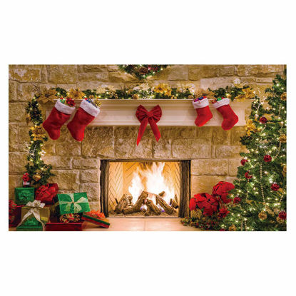 Picture of Funnytree Christmas Fireplace Backdrop Interior Vintage Xmas Tree Stockings Photography Background Portrait Photobooth Party Banner Decorations Photo Studio Props 5x3ft