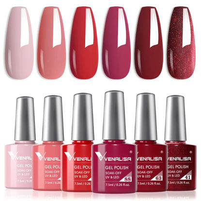 Picture of VENALISA Gel Nail Polish Set- 6 Colors Popular Red Nude Pink Gel Polish Kit, DIY at Home Salon Christmas New Year's Gifts for Girls
