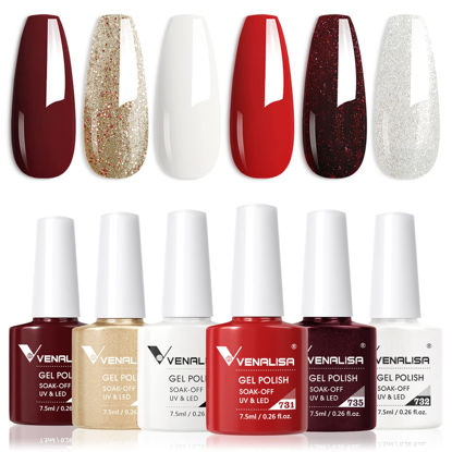 Picture of VENALISA Candy Cane Gel Nail Polish Set- 6 Colors Red Burgundy Glitter Gold Silver White Gel Polish Kit, Soak Off LED Nail Gel Kit Manicure DIY Nail Art Home Salon Christmas New Year Gifts for Girls