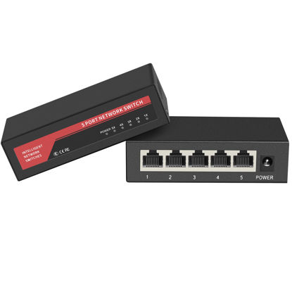 Picture of ienRon 5 Ports Gigabit Network Switch, Supported Desktop or Wall Mount Plug and Play with AI Detection Unmanaged Tiny Ethernet Splitter Network Switch in Metal Case, Red / Black