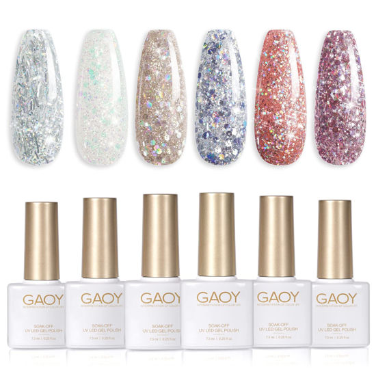 Picture of GAOY Glitter Inspire Gel Polish Kit Set of 6 Colors Including Pink Nude UV LED Soak Off Nail Polish Home DIY Manicure Nail Salon Varnish