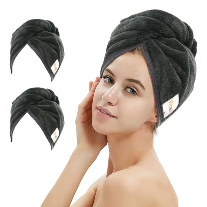 Picture of M-bestl 2 Pack Microfiber Hair Towel Wrap,Hair Drying Towel with Button,Absorbent and Anti-frizz Head Towel to Dry Hair Quickly (Black)