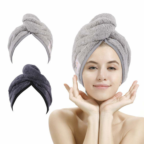 Picture of M-bestl 2 Pack Hair Drying Towels, Hair Towel Wrap, Absorbent Microfiber Hair Towel Turban with Button Design to Dry Hair Quickly(Dark Gray&Light Gray)