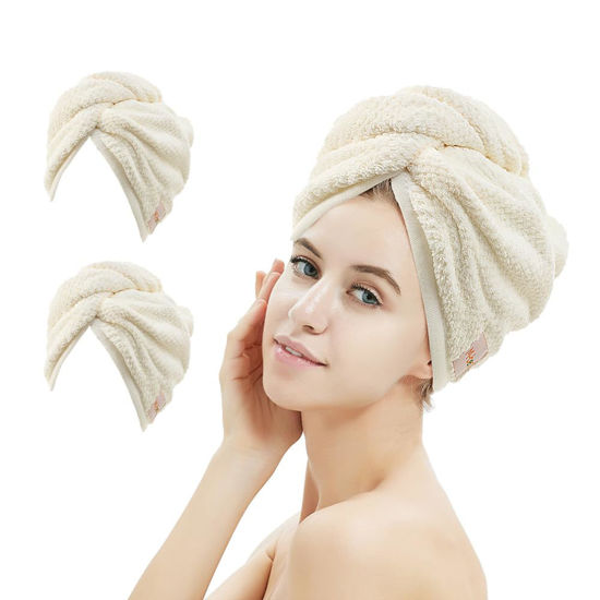 Picture of M-bestl 2 Pack Microfiber Hair Towel Wrap,Hair Drying Towel with Button, Absorbent and Soft,Anti-frizz Head Towel to Dry Hair Quickly(Beige&Beige)