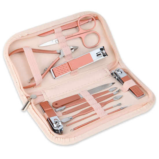 Picture of Nail Clippers and Beauty Tool Portable Set, Rose Gold Martensitic Stainless Steel Manicure Set 12 in 1, with Pink Leather Bag, Suitable for Home, Workplace, Outdoor Travel, Gift Giving, Beauty Salon.