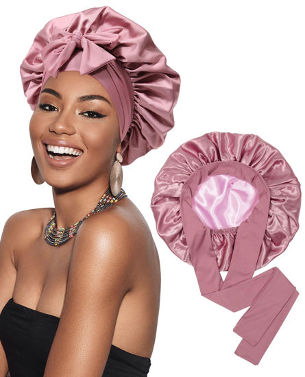 GetUSCart- Satin Bonnet Silk Bonnet for Sleeping Silk Sleep Cap Double  Layer Hair Bonnet with Elastic Tie Band for Curly Hair Night Cap (Bean  Paste + Pink)