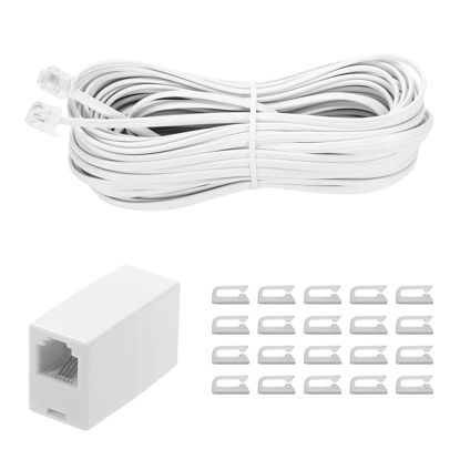 Picture of Vthahaby 50 Feet Long Telephone Extension Cord Phone Cable Line Wire, with Standard RJ11 Plug and 1 in-Line Couplers and 15 Cable Clip Holders-White (White 15M)