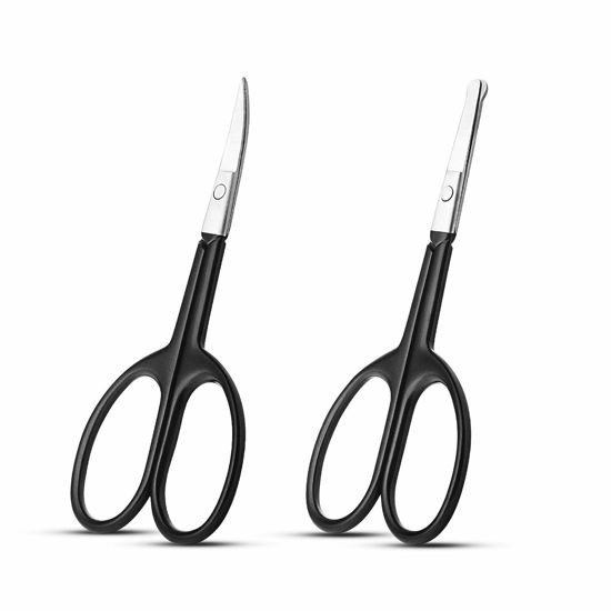 Picture of Facial Hair Small Grooming Scissors For Men Women - Eyebrow, Nose Hair, Mustache, Beard, Eyelashes, Ear Trimming Kit - Curved and Rounded Safety Tip Clippers For Hair Cutting 2PCS With Cover Black
