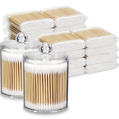 Picture of 1600 Count Cotton Swabs with 2 Clear Dispenser Holders - Bamboo Sticks Cotton Swabs for Ears - Double Round Thick Cotton Buds Suitable for Makeup and Cleaning - Bundle 2 Plastic Apothecary Jars