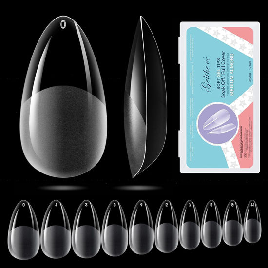 Picture of Gelike EC 240PCS Soft Gel Nail Tips Kit - Clear Cover Full Nail Extensions - Medium Almond Pre-shaped Acrylic False Gelly Nail Tips 10 Sizes for DIY Salon Gift Nail Extensions