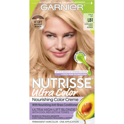 Picture of Garnier Hair Color Nutrisse Ultra Color Nourishing Creme, LB1 Ultra Light Cool Blonde (Calla Lily) Permanent Hair Dye, 1 Count (Packaging May Vary)