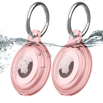 Picture of 2 Pack IPX8 Waterproof AirTag Keychain Holder Case, Lightweight, Anti-Scratch, Easy Installation,Soft Full-Body Shockproof Air Tag Holder for Luggage,Keys, Dog Collar-Pink