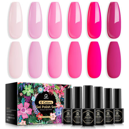 Picture of MEFA Pink Gel Nail Polish Set 6 Colors, Hot Pink Shades Neon Light Bright Pink Magenta Electric Tones Craze Sakura Nail Art Design Salon Home Manicure Kit Valentines Gifts for Women Girls