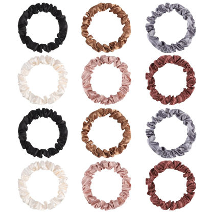 Picture of 12Pcs Satin Scrunchies, Coffee Color Series Satin Hair Ties Elastic Hair Bands Ponytail Holder Hair Accessories Stocking Stuffers for Women Girls
