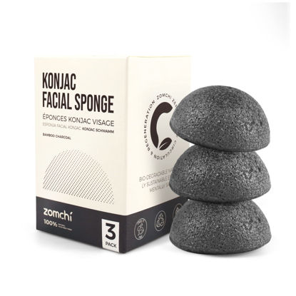 Picture of ZOMCHI Konjac Sponge | Natural Facial Sponges | Eco-Friendly & Reusable | Skin Cleanser | Makeup Remover | 3 Packs Activated Bamboo Charcoal Facial Cleansing Sponge