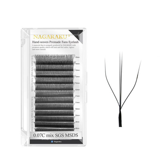 Picture of NAGARAKU Eyelash Extensions Cluster 3D W Shape Dual-core Volume Lashes Hand Woven Long Stem 0.07mm D Curl 14mm Matte Black Premade Fans Triple Tips False Eye Lash Extension