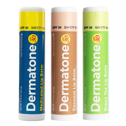 Picture of Dermatone Lip Balm SPF 30 | Moisturizing | Formulated Therapy to Soothe & Replenish (Variety Pack, Green Tea, Coconut, Medicated Lip Balm, 0.15 Oz Pack of 3)