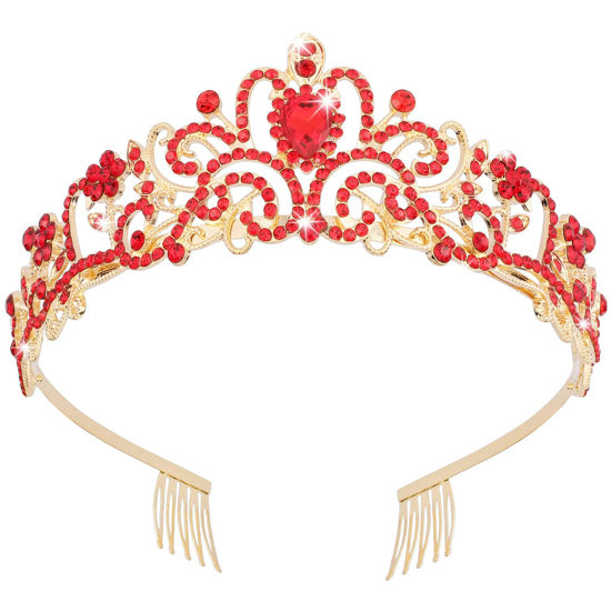 Picture of Didder Gold Tiaras for Women, Red Rhinestones Tiaras and Crowns for Women Elegant Princess Crown with Combs Tiaras for Girls Wedding Crowns for Brides Women's Headbands Prom Birthday Party