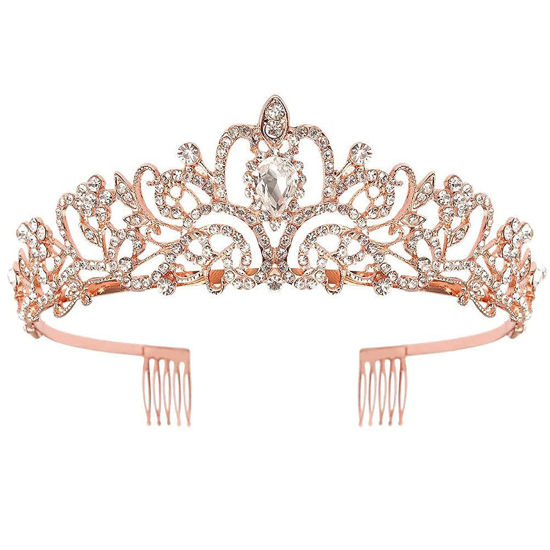 Picture of Didder Rose Gold Crystal Tiara Crown Headband Princess Elegant Crown with combs for Women Girls Bridal Wedding Prom Birthday Party