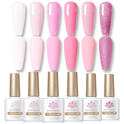 Picture of Born Pretty Pink Gel Nail Polish Set Sweet Valentine's Day Nude Pink White Nail Polish Soft Light Natural Lovely Pink Color Gel Polish Gift Set Soak Off Gel Nail Polish Kit 6 Colors 10ML