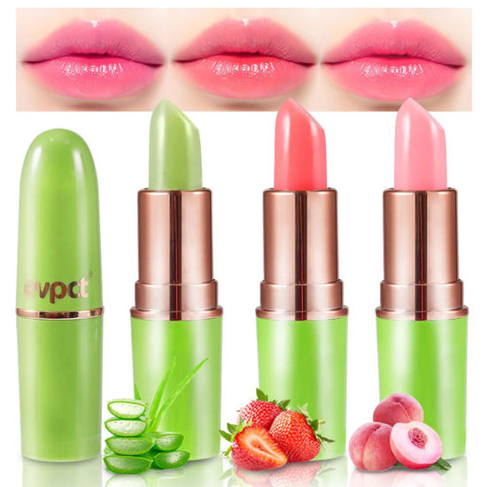 Picture of evpct 3Pcs Aloe Vera Strawberry Peach Pink Color Changing Lipstick Tinted Lip Color Balm Gloss Tint Set Green Magic PH Mood Kids Lipstick Color Changing Crystal Flower Jelly Lipstick Korean Makeup