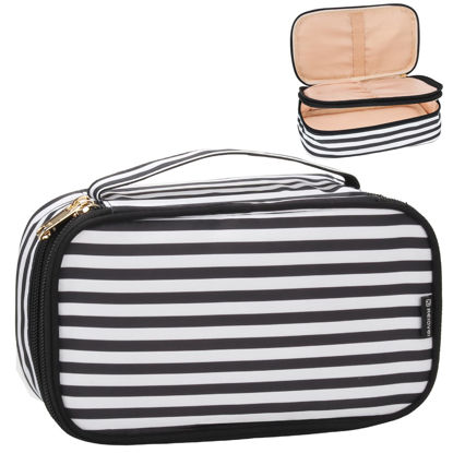 Picture of Relavel Small Makeup Bag, Cosmetic Bag for Women 2 Layer Travel Makeup Organizer Black Handbag Purse Pouch Compact Capacity for Daily Use, Makeup Brush Holder, Waterproof Nylon (Stripe)