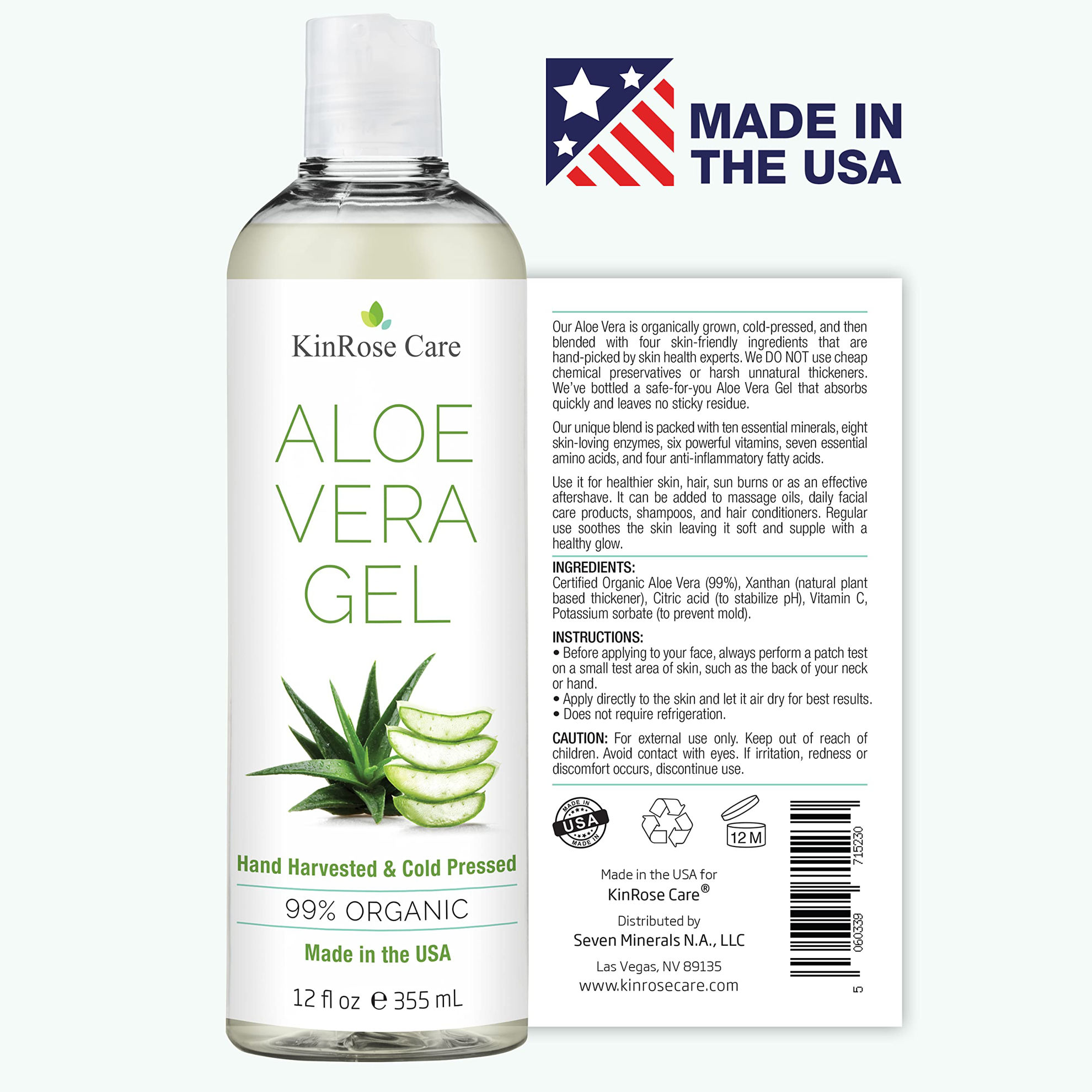 GetUSCart KinRose 12oz Organic Aloe Vera Gel for Face, Skin, Hair