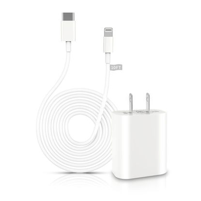 Picture of iPhone Fast Charger, [Apple MFi Certified] 20W PD USB C Wall Charger Block Plug with 10FT Extra Long Type C to Lightning Fast Charging Data Sync Cable for iPhone 13 12 11 XS XR X 8 iPad and More