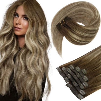 Picture of Sunny Clip in Hair Extensions Ombre Dark Brown to Light Brown Blonde Clip in Balayage Hair Extensions Clip in Human Hair Brown Balayage Clip in Remy Hair Extensions Double Weft 120g 7pcs 18inch