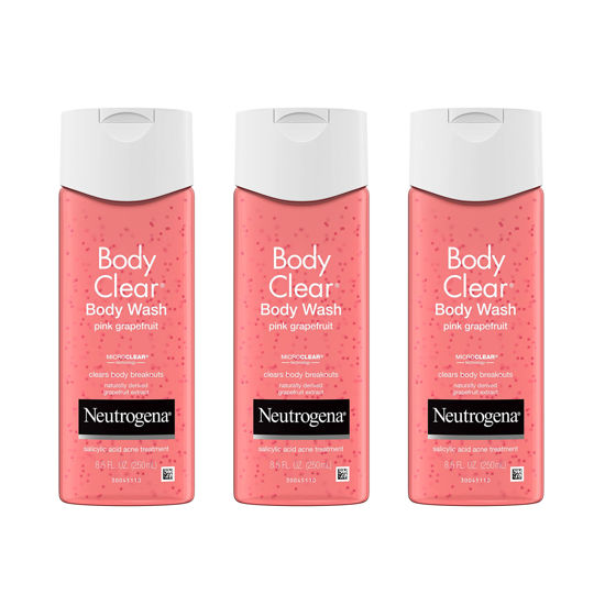 Picture of Neutrogena Body Clear Acne Treatment Body Wash with Salicylic Acid Acne Medicine, Pink Grapefruit Body Acne Cleanser to Prevent Breakouts on Back, Chest & Shoulders, 3 x 8.5 fl. oz
