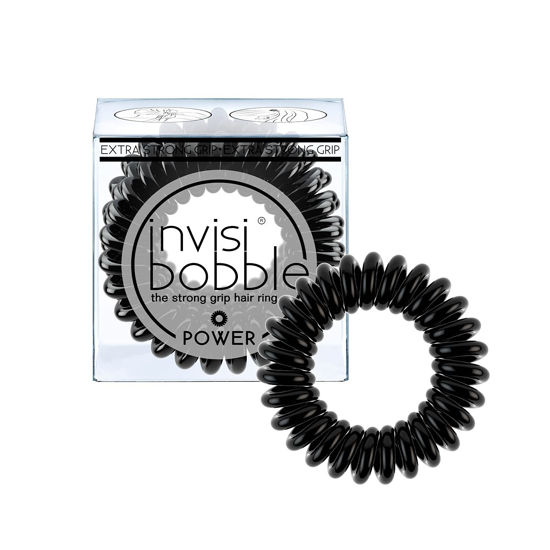 Picture of invisibobble Power Traceless Spiral Hair Ties - Pack of 3 True Black - Strong Elastic Grip Coil Hair Accessories for Active Women - No Kink, Non Soaking - Gentle for Girls Teens and Thick Hair
