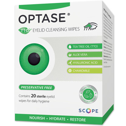 Picture of OPTASE Tea Tree Oil Eyelid Wipes - Eyelid Cleansing Wipes for Dry Eyes - Tea Tree Wipes for Blepharitis Treatment - Preservative Free, Natural Ingredients - Step 2 Cleanse - TTO Eye Wipes, Box of 20