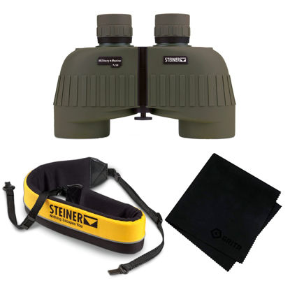 Picture of STEINER Military-Marine 7x50 Green Binoculars (2038) with Yellow Floating Strap (768) and Black Microfiber Cleaning Cloth