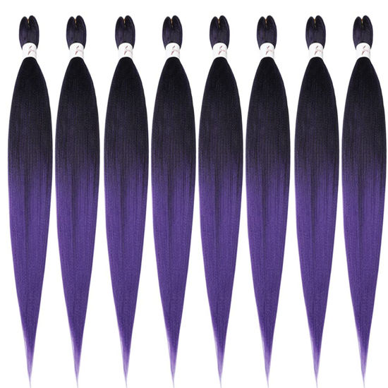 Picture of Pre-Stretched Braiding Hair Extensions-42 Inch 8 Packs Synthetic Braiding Hair Ombre Black to Purple Crochet Braids, Natural Easy Braid Crochet Hair, Hot Water Setting Professional Soft Yaki Straight Texture (42inch, 1B/Purple)
