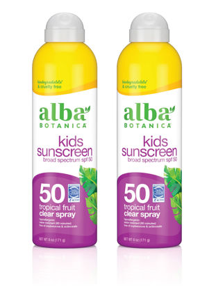 Picture of Alba Botanica Kids Sunscreen for Face and Body, Tropical Fruit Sunscreen Spray for Kids, Broad Spectrum SPF 50, Water Resistant and Hypoallergenic, 6 fl. oz. Bottle (Pack of 2)