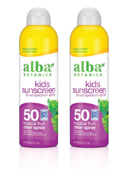 Picture of Alba Botanica Kids Sunscreen for Face and Body, Tropical Fruit Sunscreen Spray for Kids, Broad Spectrum SPF 50, Water Resistant and Hypoallergenic, 6 fl. oz. Bottle (Pack of 2)
