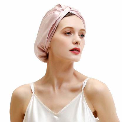 Picture of ZIMASILK 22 Momme 100% Mulberry Silk Sleep Cap for Women Hair Care,Natural Silk Night Bonnet with Elastic Stay On Head (1Pc, PINK)