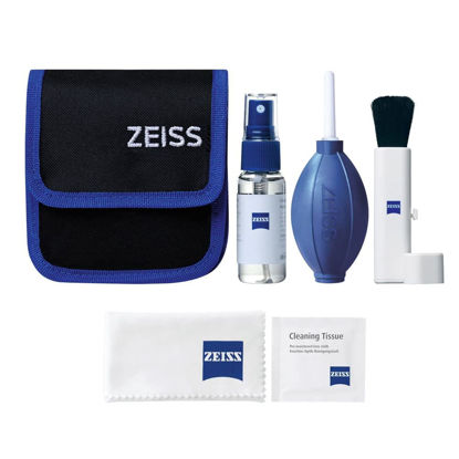 Picture of ZEISS Lens Cleaning Kit with 1 oz Bottle Lens Cleaning Fluid, 10 Moistened Wipes, Cleaning Brush, Air Blaster, Microfiber Cloth, and Case for Coated Lenses, Binoculars, Scopes, Cameras, and Glasses
