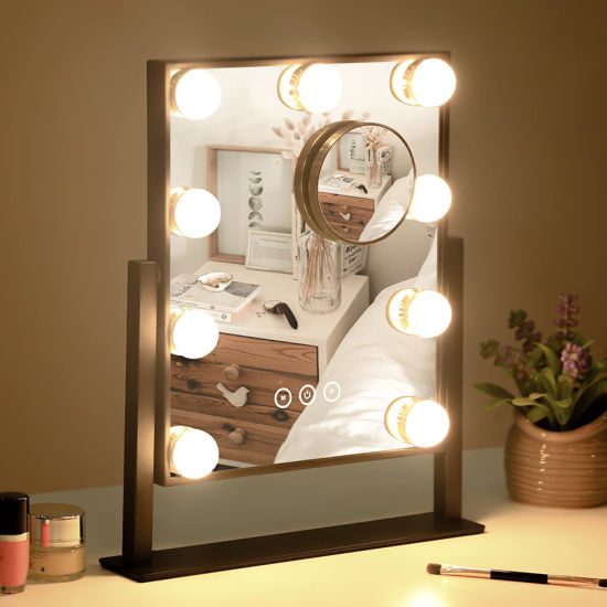 Picture of Kotdning Large Vanity Mirror with Lights, Hollywood Lighted Makeup Mirror with 9 Dimmable LED Bulbs for Dressing Room & Bedroom, Lighted Makeup Mirror with Detachable 10x Magnification, (Black)