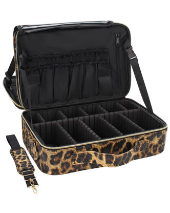 Picture of Relavel Travel Makeup Case, Double Makeup Bag Organizer, Professional Makeup Artist Makeup Organizer, Train Case Makeup Bag, Adjustable Divider, with Shoulder Strap (Leopard)