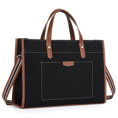Picture of Missnine Laptop Tote Bag Canvas Laptop Bag 15.6 inch Work Shoulder Bags Casual Briefcase Handbag for Travel, Office, College (Black+Brown)