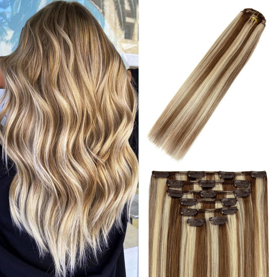 Picture of WindTouch Clip in Hair Extensions Human Hair Balayage Medium Light Brown to Blonde Hair Extensions for Blonde 12Inch 70g #6p613 7PCS Gift for Women
